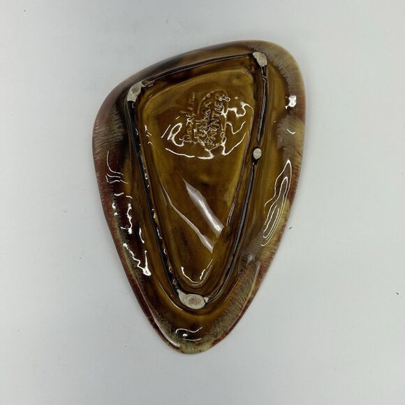 Vintage MCM Dryden Pottery Ozark Frontier Ashtray Brown Blue Drip Glaze 9.5” - Picture 4 of 12